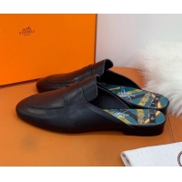 Top Quality Hermes Catena Supple Calfskin Flat Mules with Cut out H 010620 Black 2021