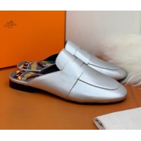 New Style Hermes Catena Supple Calfskin Flat Mules with Cut out H 010620 Silver 2021