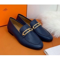 Grade Design Hermes Colette Calfskin Loafers with Roulis Buckle 010624 Navy Blue 2021