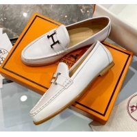 Classic Hot Hermes Paris Calfskin Flat loafers with H Buckle 010651 White