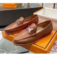 Sophisticated Hermes Paris Calfskin Flat loafers with H Buckle 010651 Brown