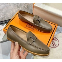 Top Grade Hermes Paris Calfskin Flat loafers with H Buckle 010651 Grey