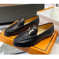 Low Price Hermes Paris Calfskin Flat loafers with H Buckle 010651 Black