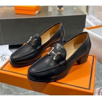 Hot Style Hermes Paris Calfskin Loafers Pumps 5cm with H Buckle 010658 Black