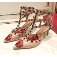 Low Price Valentino Rockstud Ankle Strap Calfskin Pump With Rosy Printed And 6.5cm Heel 031807 Nude