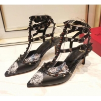 Best Product Valentino Rockstud Ankle Strap Calfskin Pump With Rosy Printed And 6.5cm Heel 031807 Black