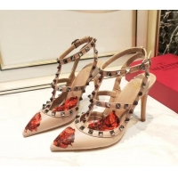 Popular Style Valentino Rockstud Ankle Strap Calfskin Pump With Rosy Printed And 9.5cm Heel 031809 Nude