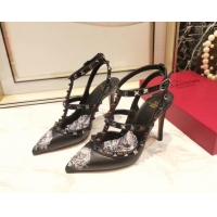 New Style Valentino Rockstud Ankle Strap Calfskin Pump With Rosy Printed And 9.5cm Heel 031809 Black