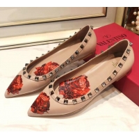 Top Sale Valentino Rosy Printed Calfskin Rockstud Ballerina 031811 Nude