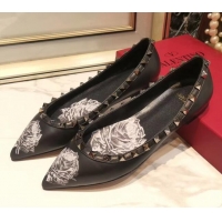 Top Quality Valentino Rosy Printed Calfskin Rockstud Ballerina 031811 Black