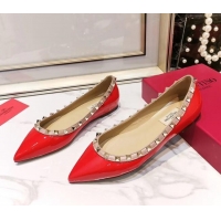 Charming Valentino Rockstud Flat Ballerina in Patent Calfskin 041419 Red