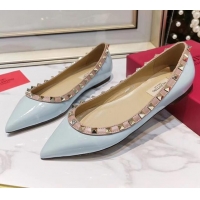 Cute Valentino Rockstud Flat Ballerina in Patent Calfskin 041419 Baby Blue