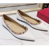 Top Quality Valentino Rockstud Flat Ballerina in Patent Calfskin 041419 White