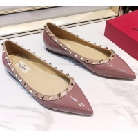 New Style Valentino Rockstud Flat Ballerina in Patent Calfskin 041419 Pink