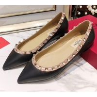 Best Quality Valentino Rockstud Flat Ballerina in Smooth Leather 041432 Black