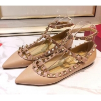 Good Looking Valentino Smooth Leather Rockstud Ballerina With Strap 041501 Nude