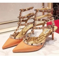 Most Popular Valentino Patent Calfskin Rockstud Ankle Strap With 6.5cm Heel 041517 Orange