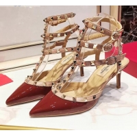 Good Product Valentino Patent Calfskin Rockstud Ankle Strap With 6.5cm Heel 041517 Burgundy