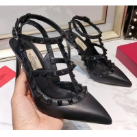 Best Price Valentino Smooth Leather Rockstud Ankle Strap With 9.5cm Heel 041532 All Black