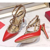 Top Quality Valentino Smooth Leather Rockstud Ankle Strap With 9.5cm Heel 041532 Red