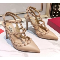 Fashion Valentino Smooth Leather Rockstud Ankle Strap With 9.5cm Heel 041532 All Nude