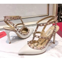 Grade Quality Valentino Smooth Leather Rockstud Ankle Strap With 9.5cm Heel 041532 White