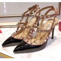 Best Price Valentino Patent Calfskin Rockstud Ankle Strap With 9.5cm Heel 041537 Black