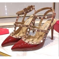 Top Grade Valentino Patent Calfskin Rockstud Ankle Strap With 9.5cm Heel 041540 Burgundy