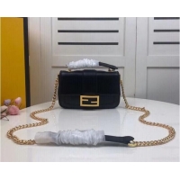 Stylish FENDI MINI BAGUETTE CHAIN Black nappa leather bag 8BS045A