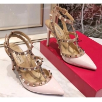 Top Quality Valentino Patent Calfskin Rockstud Ankle Strap With 9.5cm Heel 041540 Light Pink