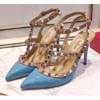 New Design Valentino Patent Calfskin Rockstud Ankle Strap With 9.5cm Heel 041540 Blue