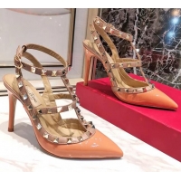 Perfect Valentino Patent Calfskin Rockstud Ankle Strap With 9.5cm Heel 041540 Orange