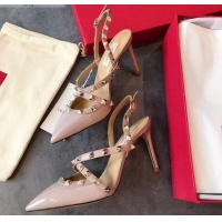 Best Price Valentino Rockstud Patent Leather Cross Strap Slingback Pumps 90MM Powder 062401 Pink