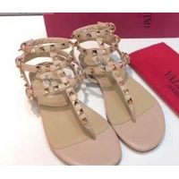 Hot Style Valentino Rockstud Flat Thong Sandal in Black/Nude Leather 072061 Nude