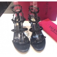 Low Cost Valentino Leather Rockstud Sandal With 6.5CM Heel 072066 Black