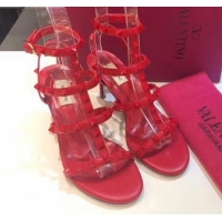 Good Quality Valentino Leather Rockstud Sandal With 6.5CM Heel 072066 Red