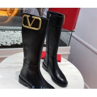 Best Design Valentino Supervee VLogo Calfskin Flat High Boots 082742 Black/Gold