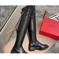 Unique Grade Valentino Rockstud Calfskin Over Knee High Boots 082747 Black