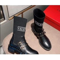 New Style Valentino Rockstud Belt Calfskin Knit Ankle Boots 082748 Black