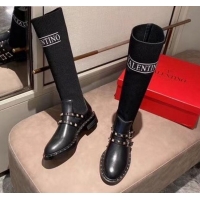 Low Price Valentino Rockstud Belt Calfskin Knit High Boots 082749 Black