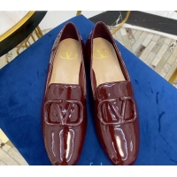 Best Luxury Valentino Garavani VLogo Patent Leather Flat Loafers 092258 Burgundy