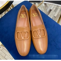 New Style Valentino Garavani VLogo Calfskin Flat Loafers 092258 Brown