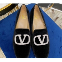 New Fashion Valentino Garavani Crystal VLogo Velvet Flat Loafers 092263 Black