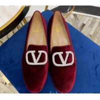 Best Design Valentino Garavani Crystal VLogo Velvet Flat Loafers 092263 Burgundy