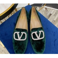 Good Quality Valentino Garavani Crystal VLogo Velvet Flat Loafers 092263 Dark Green