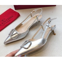 Best Price Valentino Crystal VLogo Metallic Leather Slingback 40mm Silver 092411