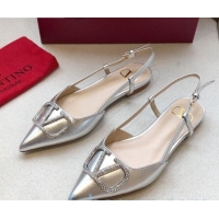 Top Quality Valentino Crystal VLogo Metallic Leather Flat Slingback Silver 09241