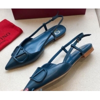 Top Grade Valentino VLogo Calfksin Flat Slingback Peacock Blue 092415