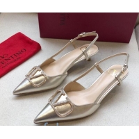 Classic Hot Valentino Crystal VLogo Metallic Leather Slingback 40mm Gold 092417