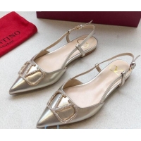 Low Cost Valentino Crystal VLogo Metallic Leather Flat Slingback Gold 092418